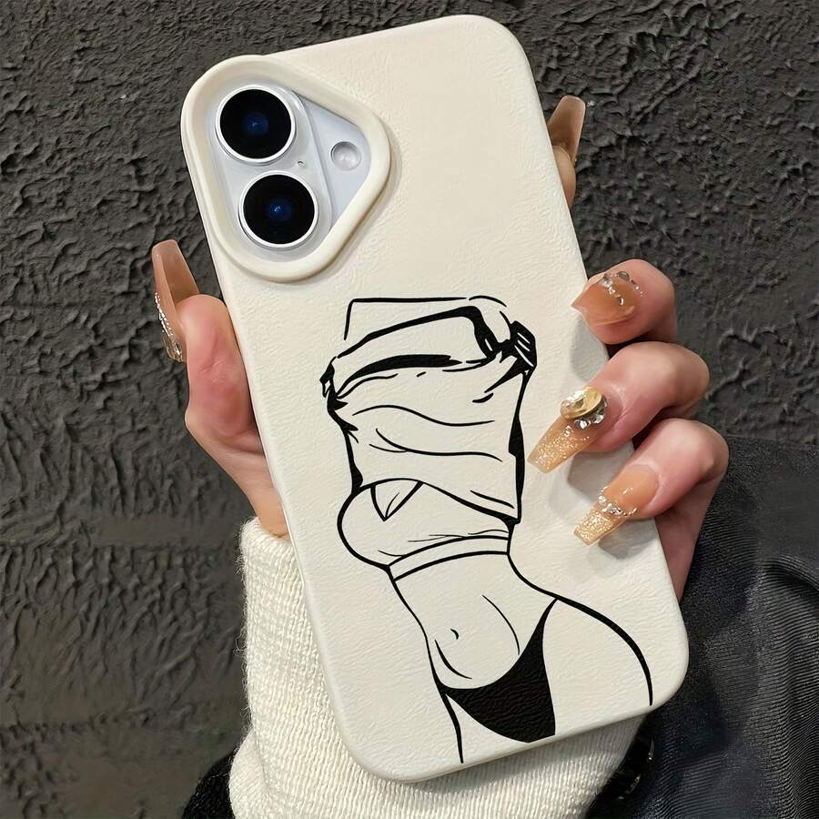 1pc White Lychee Texture Matte Minimalist Lens Protection Line Hot Girl Portrait Pattern Phone Case Personalized Compatible With IPhone 16 Pro Max 17/16/15/14 Plus/13/12/11 Air And Series - Multicolor - View 1