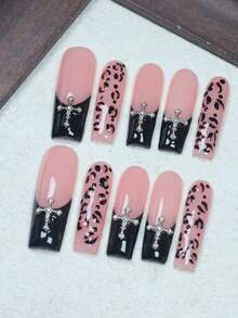 CrystalHola 10 Pcs Of Handmade Coffin-Shaped Nails, Y2K Style, Perfect For Summer Vacations, Graduation Season, The World Cup, And Independence Day. Black And Pink With Rhinestones, French Tip Nails, Suitable For Parties, Weddings, And Everyday Wear. Handmade Press On Nails - Multicolor - View 4