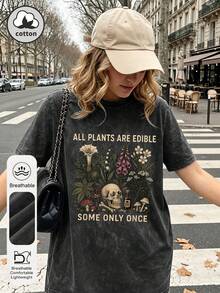 大码女式日常纯棉花园植物和骷髅图案圆领短袖复古夏季女式黑色水洗T恤休闲款 - 黑色 - 查看 3