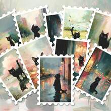36 Stück Schwarze Katze & Seerose Aufkleber Packung | Impressionistischer Ölmalerei Stil Blumen Teich & Gartenszene mit schwarzer Katze Kunstgrafiken | Vinyl für Journaling, Scrapbooking & Dekoration Schulbedarf - Rechteck - Übersicht 3