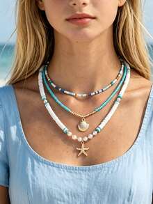 3pcs/Set Collar con colgante de estrella de mar y concha estilo bohemio oceánico, accesorio diario y de vacaciones para adolescentes, color aleatorio - Multicolor - Ver 2