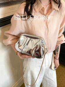 Fashionable Patent Leather Silver Elegant Metal Chain Texture Women's Handbag With Clasp Closure - Silver - View 2
