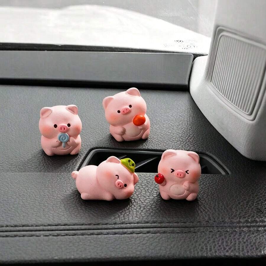 Bộ 4 món trang trí sáng tạo dễ thương hình heo năng động cho bảng điều khiển ô tô, bàn làm việc, bệ tỳ tay trung tâm xe hơi, bàn văn phòng, màn hình máy tính, phụ kiện trang trí cảnh quan DIY - heo con - Xem 1
