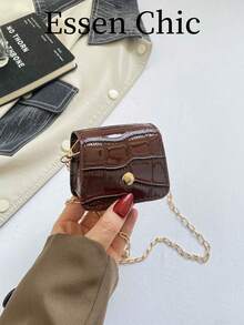 1pc Coffee Brown Summer New Metal Rivet Decor Retro Crocodile Embossed Solid Color PU Mini Square Crossbody Coin Purse For Women - Coffee Brown - View 7