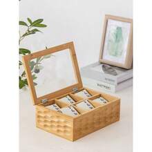 Bamboo Tea Storage Organizer With Lid – 6 Compartment Multi-Functional Box For Tea Bags, Coffee Pods & Loose Leaf, See- For Easy View, Space Saving - Natural Wood Color - View 11