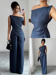 Nuevo conjunto de 2 piezas de estilo coreano para mujer, adecuado para viajes y fotografía, con una hermosa parte superior de cuello asimétrico azul profundo del mar y - Azul - Ver 1
