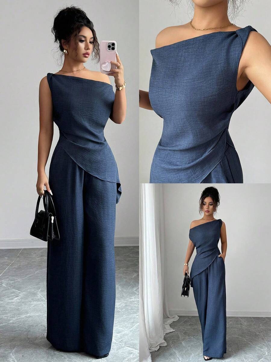 Nuevo conjunto de 2 piezas de estilo coreano para mujer, adecuado para viajes y fotografía, con una hermosa parte superior de cuello asimétrico azul profundo del mar y - Azul - Ver 1