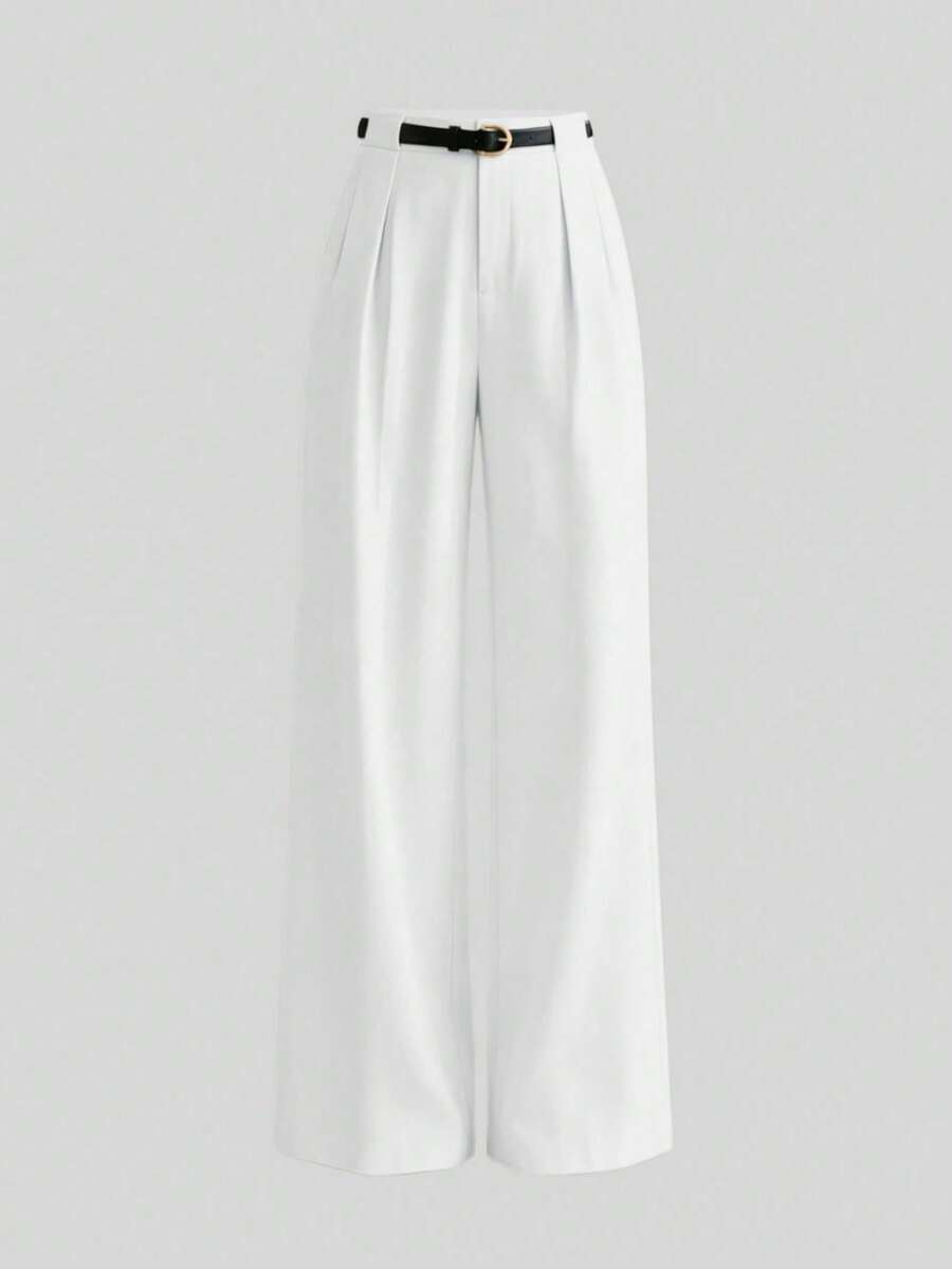 Elegant Solid-Color Mid-Rise Straight-Leg Trousers With Belt For Spring - Blanco - View 1