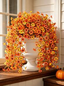 Juego de 4 piezas de flores decorativas artificiales de otoño, flores artificiales colgantes, decoración de otoño para exteriores, flores de crisantemo de seda artificial, resistente a los rayos UV y no se desvanece, adecuado para macetas de exterior de otoño, porche, patio, jardín - Naranja - Ver 2