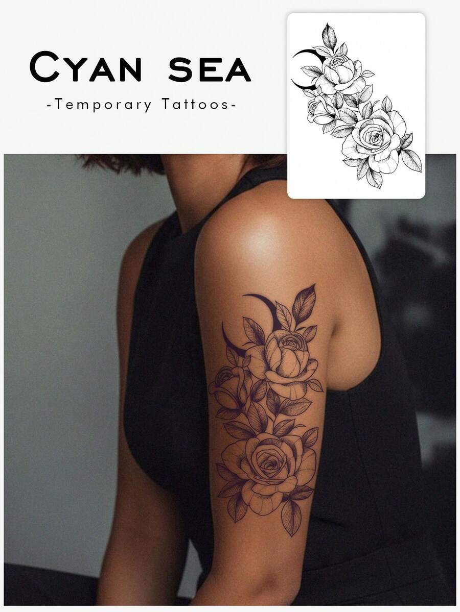1 buah Stiker Tato Sementara Pola Mawar & Bulan Sabit Garis Seni Stipple Herbal, Desain Tato Palsu Realistis, Cocok Untuk Perjalanan, Festival Musik, Bermain Game, Hadiah Wisuda, Bertahan 7-14 Hari - Hitam - View 1
