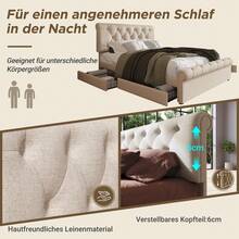 Flieks Double Bed Upholstered Bed 140x200cm, Bed Frame With 4 Drawers And Height-Adjustable Headboard, Chesterfield Functional Bed, Natural, Without Mattress - Apricot - View 4