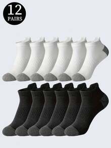 1/6/12/18 Pairs Men's Color Block Black & White Mid-Calf Socks, Sports Running Socks, Suitable For All Seasons - Multicolor - View 5