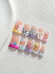 10片鄉村風手工穿戴甲，Polygel美甲套組，星星、藍莓、花瓣與蝴蝶結元素，黃粉白配色，甜美風，含美甲工具，3種尺寸可選，杏仁/鴨嘴/棺材形，適合派對、舞會、日常配戴 - 彩色 - 查看 2