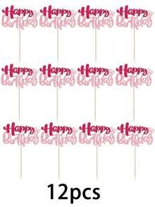 24/12/1 pieza Adornos para cupcakes de cumpleaños con brillo rosa, decoración de pastel de fiesta de cumpleaños, palillos para postres, suministros de repostería, regalos para fiestas en el hogar y cocina, adornos para postres, accesorios para fotos, accesorios para fiestas - Inserto para pastel de cumpleaños color rosa - Ver 9