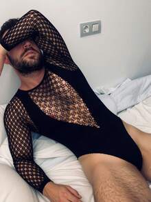 Men's Solid Color Mesh One-Piece Sexy Lingerie - Black - View 2