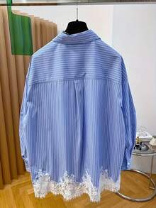 Casual Relaxed Style Lace Patchwork Turn Collar Long Sleeve Striped Shirt, Striped Lace Patchwork Front Button Down, Daily Office Commute, Autumn/Winter - Blue - View 2