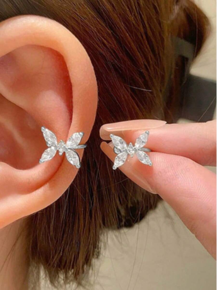 1 Pair Exquisite Small High-End Copper Material Zirconia Inlaid Butterfly Lightweight Luxury Design Non-Pierced Ear Cuff For Women, Suitable For Daily Wear, Dates, Parties And Gatherings