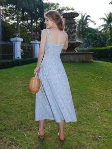 Vestido casual de verano elegante con estampado floral diminuto y tirantes sencillos para mujer - Azul - Ver 7