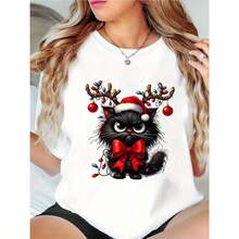 Women's Christmas T-Shirt With Cat - Cute Kitten Top In Santa Hat And Antlers, Stretchy Shirt For Holiday Parties And Everyday Wear - Machine Washable Casual Blouse, Clothing - 白色 - 查看 1