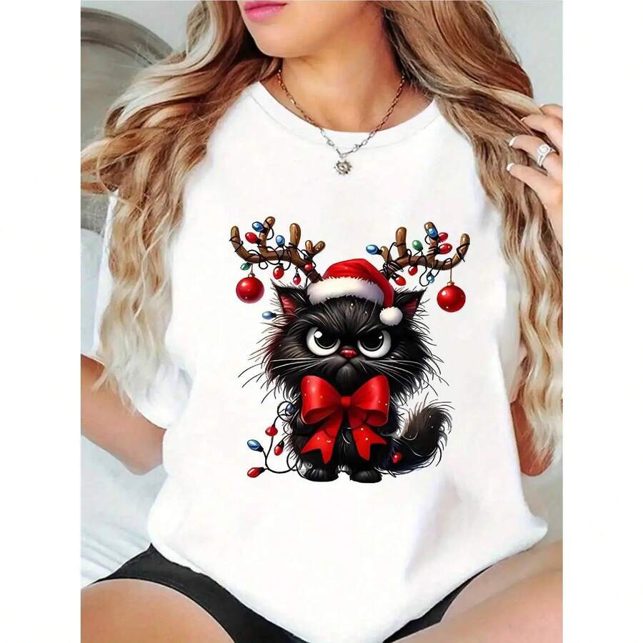 Women's Christmas T-Shirt With Cat - Cute Kitten Top In Santa Hat And Antlers, Stretchy Shirt For Holiday Parties And Everyday Wear - Machine Washable Casual Blouse, Clothing - 白色 - 查看 1