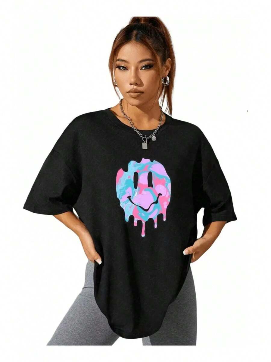 Camiseta De Hombros Caídos Con Estampado De Dibujos Animados - Negro - Ver 1