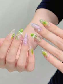 10PCS Almond Handmade Press On Nails For Party And Daily Wear,Green Nail,Green French Glass Bead Cat Eye Handmade Reusable Press On Nails,Forest Elf,Easy To Wear,Summer Nail,Shining Bright,Suitable For Girls And Women Festivals Parties And Daily Wear - Lime Green - View 3