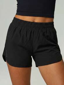 UONNOU 1pc Spring/Summer Women's Casual Shorts, Soft & Comfortable Fabric, Side Slit Mesh Design, Quick-Dry Sports - Black - View 7