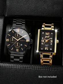 2pcs Black & Gold Diamond-Accented Couple's Watches - Two-Tone Stainless Steel Quartz Timepieces - Birthday & Graduation Gifts For Couples - Multicolor - View 15