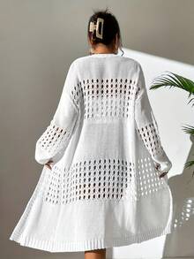European And American Plus Size Solid Color Women's Hollow Out Mid-Length Thin Knit Lightweight Cardigan Summer Vacation Beach White - White - View 2