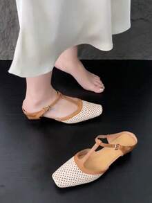 Zapatos con hebilla de cuero PU de unicolor básico vintage, adecuados para playa, boda, fiesta, oficina, exterior, hogar, primavera y verano - Beis - Ver 2