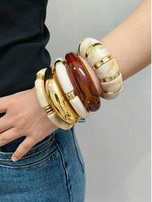 Set de 5 pulseras de mujer estilo bohemio vintage de acrílico CCB y bambú, diseño patchwork con textura de juntas de bambú, fresco y casual, apto para uso diario, citas, vacaciones, sesiones de fotos y fiestas, set de accesorios de moda - Multicolor - Ver 3