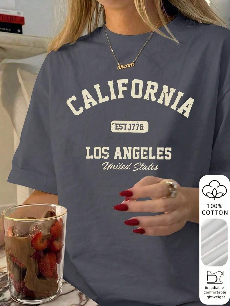 2026 Sommer Neu Damen California Los Angeles Buchstaben Muster Reine Baumwolle Locker Kurzarm T-Shirt Lässig Vielseitig Top - Dunkelgrau - Übersicht 1