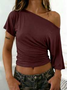 Vaiaye Women's Loose Y2K Style Round Neck Casual T-Shirt, Solid Color Minimalist Off-Shoulder Fitted Top, Spring/Summer Short Sleeve T-Shirt Brown - Brown - View 7