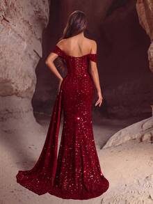 Elegant Sequin One-Shoulder High-Waist Slit Backless Lace-Up Floor-Length Party Dress, Suitable For Prom, Birthday Party, Dinner Date, Homecoming Party And Wedding - Burgundy - View 2