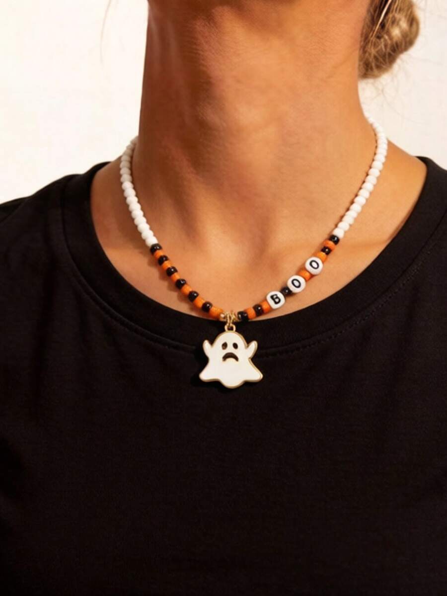 imoli 1 pièce/Collier pendentif fantôme en perles de lettres acryliques d'Halloween, convient pour une fête effrayante et mignonne, accessoire de costume d'Halloween, bijou