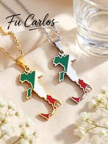 1pc Fashionable Italy Map Geometric Pendant Stainless Steel Necklace, Unisex - Map Necklace - View 2