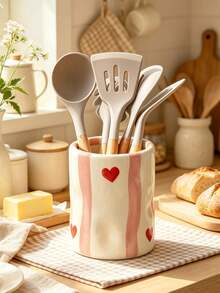 1pc Vintage Striped Ceramic Storage Jar, Multifunctional Kitchen Utensil Holder & Makeup Brush Organizer, Kitchen & Desk Aesthetic Home Decor - Multicolor - View 8