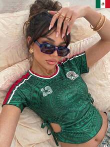 Women's Casual Mexican Style Jersey Round Neck Drawstring Hollow Out Flared Hem Fitted Short T-Shirt, Summer Vacation Top - Green - View 1