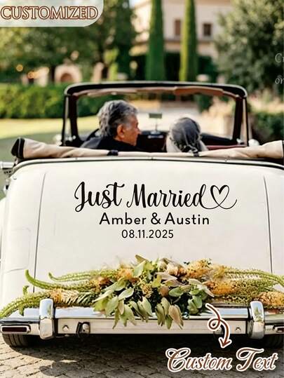 Newlywed Car Decal, Personalized Wedding Sticker, Customizable Bride & Groom Names And Date, Newlywed Celebration Vinyl Sticker, Suitable For Cars, Trucks, RVs, Mirrors, Walls, Wood, Etc., Removable Waterproof Self-Adhesive