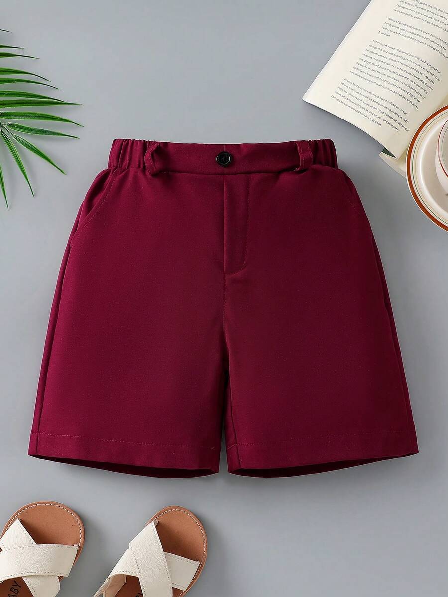 Celana Pendek Kasual Warna Polos untuk Anak Laki-laki, Celana Pendek Olahraga dengan Pinggang Elastis dan Saku, Celana Seragam Sekolah - Merah - View 1