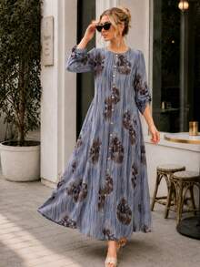 Plus Size Printed Maxi Dress for Women Long Sleeve Button Down Bohemian Casual Dress with Pockets - 藍色 - 查看 7