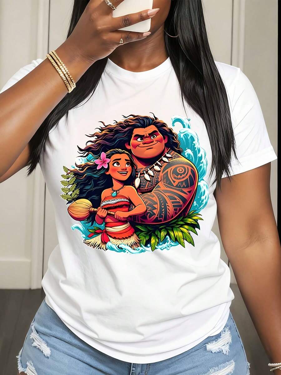 Disney Moana And Maui Printed Design T Shirt For Women Casual Wear Summer Style Fashionable Graphic Tee With Vibrant Colors And Ocean Theme Artwork - 白色 - 查看 1