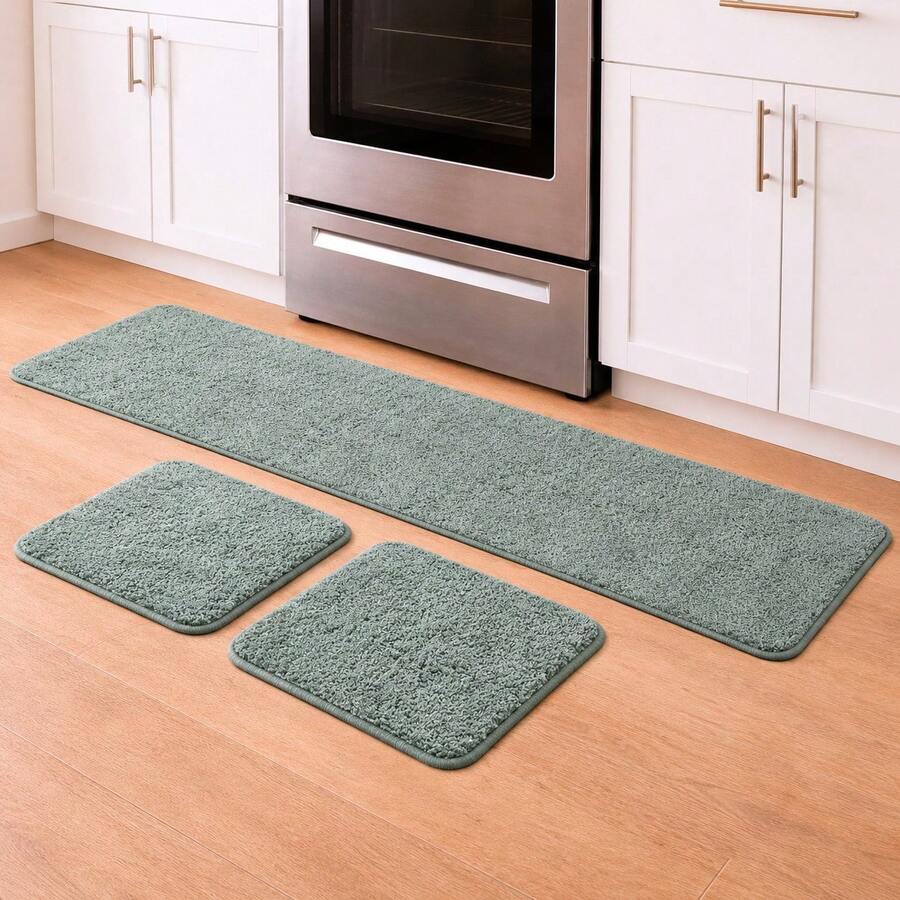 Set Of 3 Non-Slip Kitchen Mats, Low Pile, Washable - Lime Green - View 1