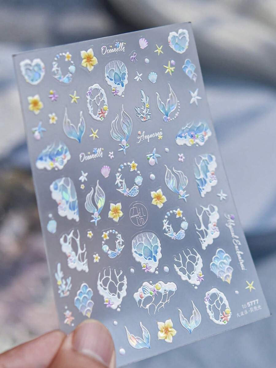 1件 5D夏季奢華海洋貝殼美甲貼紙,青銅極光鮑魚海星海馬美甲裝飾貼花 DIY配件 - 彩色 - 查看 1