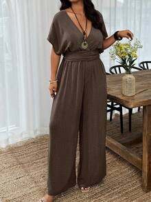 Chic Urbano.Mono Largo de Verano con Manga Murciélago, Cuello en V y Torsión, Estilo Casual de Vacaciones, Holgado, Talla Grande, Ropa de Calle Diaria, Mono de Pierna Ancha - Café integral - Ver 3