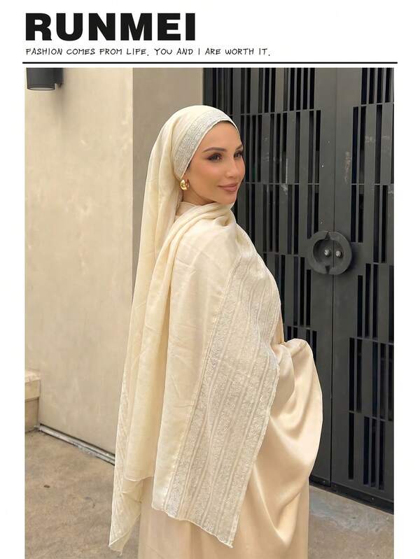 1pc Fashion Long Lace Trim Scarf, Breathable Outdoor Headscarf Shawl, Women's Daily Wear, Clothing Accessory