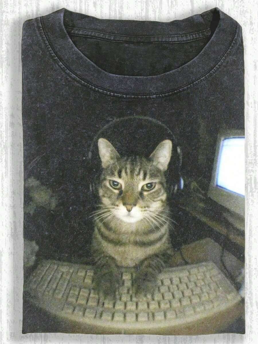 Camiseta Para HombreGraphic Tabby Cat With Headphones On Computer Keyboard Printed Men's Cotton Short Sleeve T - Shirt For Daily GatheringsLoose And C - size - 查看 1