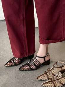 Sandalias romanas de mujer 2026 de verano, estilo vintage de moda, negras, de malla tejida calada, punta fina, tacón grueso, punta cerrada, diseño único de alta gama, cómodas, ligeras y versátiles - Negro - Ver 5