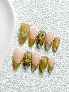 10pcs Elegant Handmade Press-On Nails, Polygel Nail Art Set, Pearl Petal Pattern, Dark Green Nail Polish, Minimalist Style, Includes Nail Tools, 3 Sizes Available, Almond/Duck/Coffin Shape, Suitable For Party, Dancing, Daily Wear - 彩色 - 查看 16