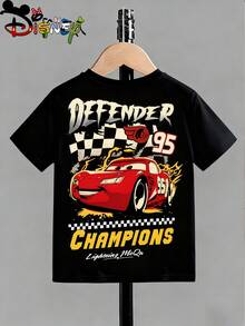 Disney Cars Kids Double-Sided T-Shirt, Lightning McQueen "Defender Champions" With 95, Checkered Flag & Fire Graphic Tee, Black Short Sleeve - Black - View 2